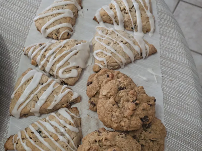 Glazed scones and chocolate chip cookies
